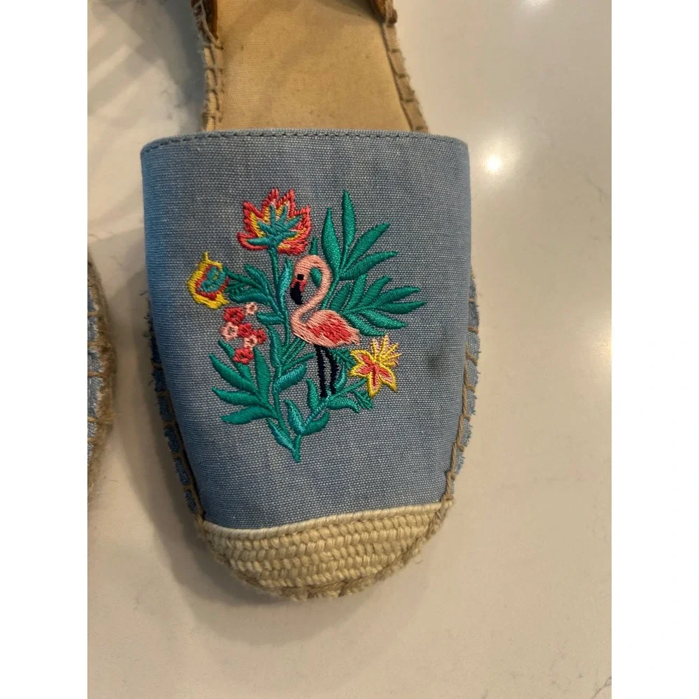 Talbots Espadrille Sandals Blue Flamingo Embroidered Ankle Strap Summer Flats 8M